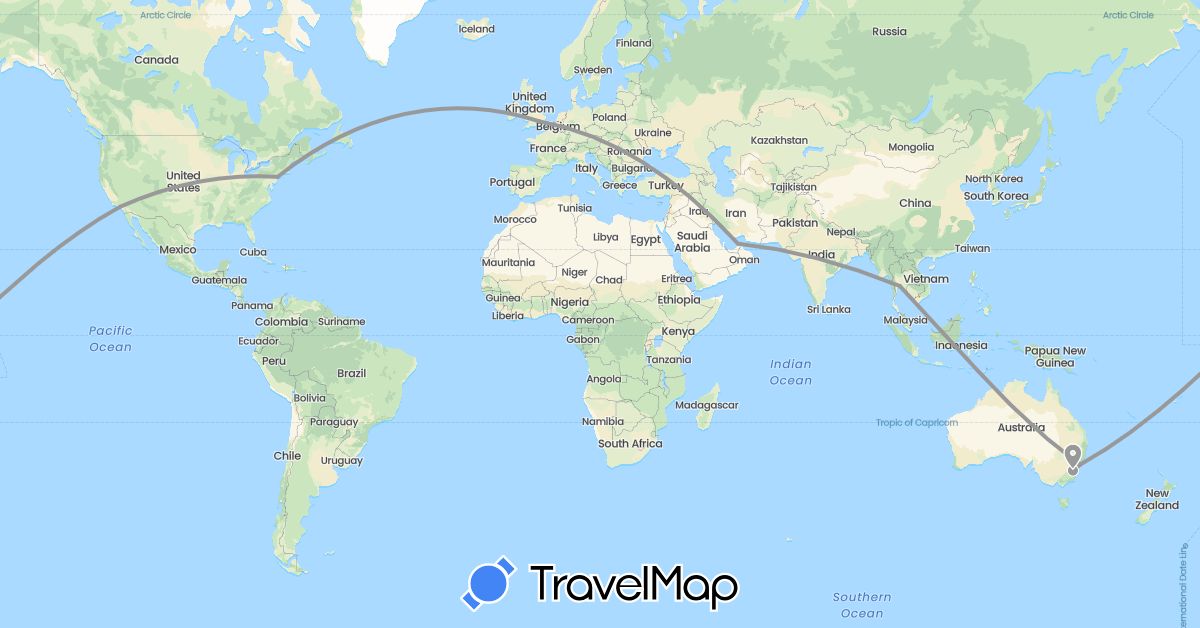 TravelMap itinerary: driving, plane in United Arab Emirates, Australia, United Kingdom, Thailand, United States (Asia, Europe, North America, Oceania)